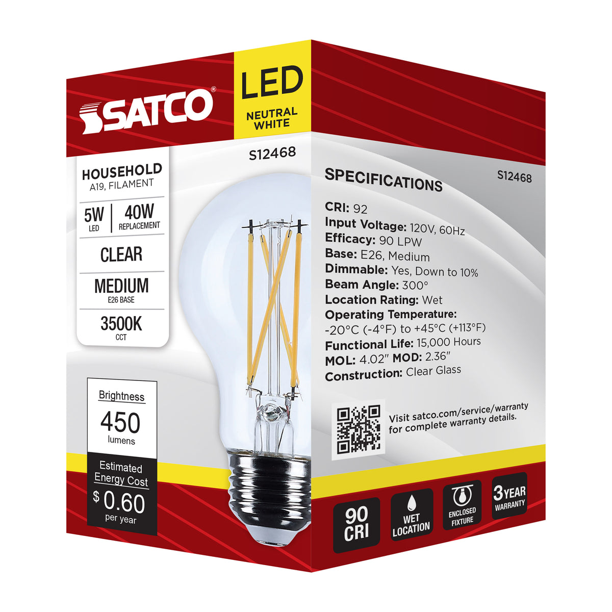 5 Watt A19 LED - Medium Base - Clear - 3500K CCT - 120 Volt