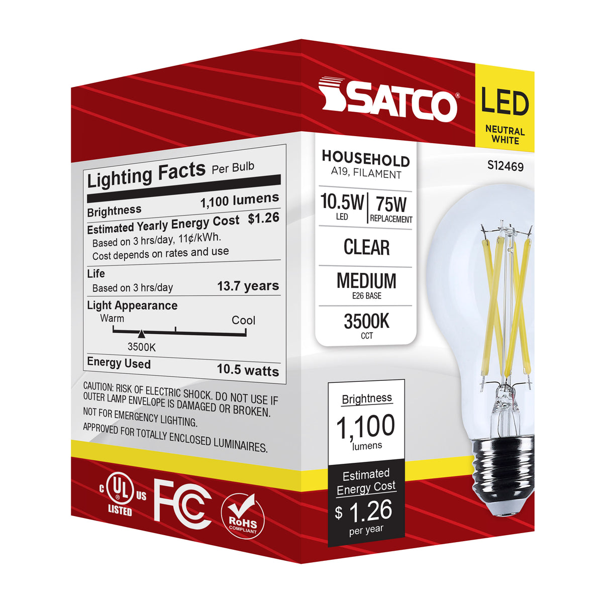 10.5 Watt A19 LED - Medium Base - Clear - 3500K CCT - 120 Volt