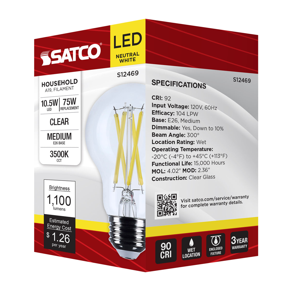 10.5 Watt A19 LED - Medium Base - Clear - 3500K CCT - 120 Volt