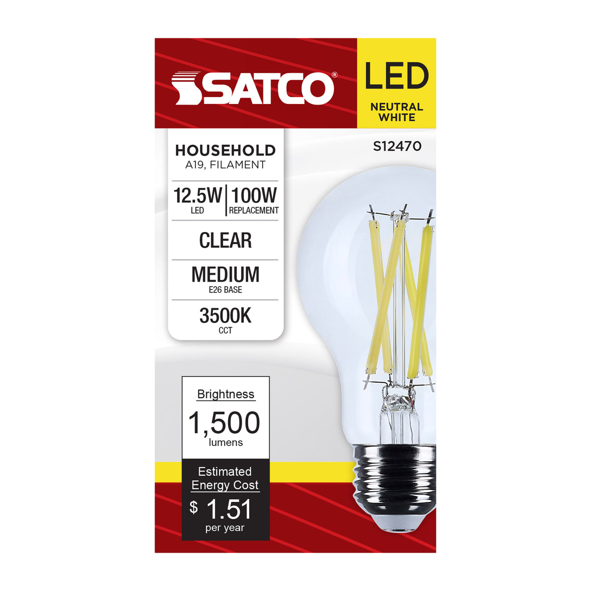 12.5 Watt A19 LED - Medium Base - Clear - 3500K CCT - 120 Volt