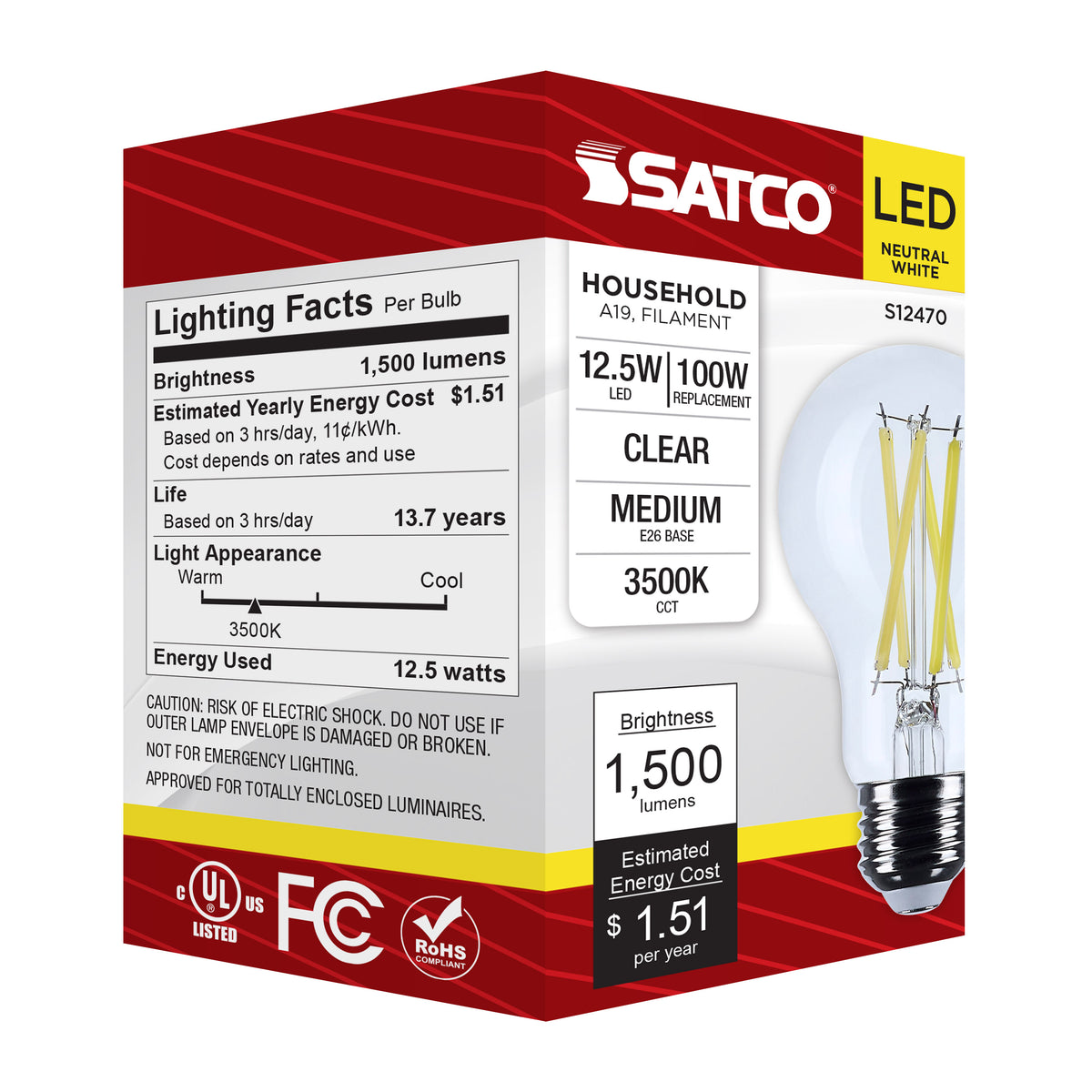 12.5 Watt A19 LED - Medium Base - Clear - 3500K CCT - 120 Volt