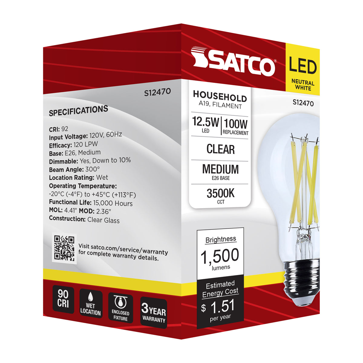 12.5 Watt A19 LED - Medium Base - Clear - 3500K CCT - 120 Volt