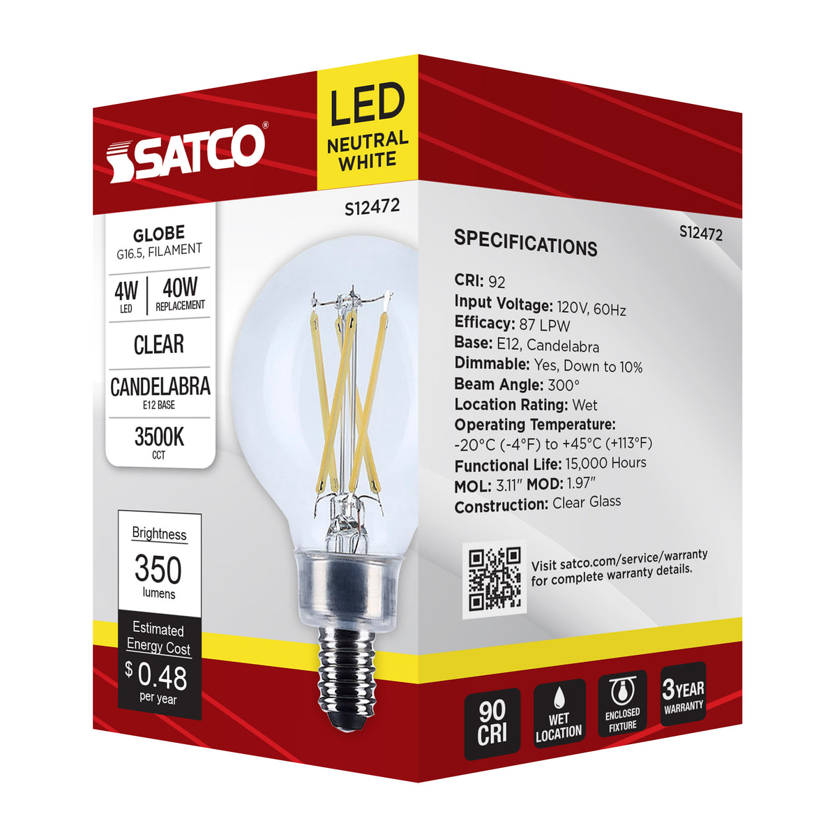 4 Watt G16.5 LED - Candelabra Base - Clear - 3500K CCT - 120 Volt