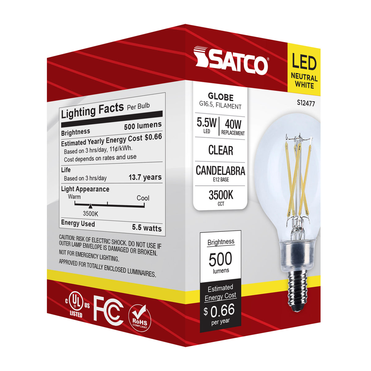 5.5 Watt G16.5 LED - Candelabra Base - Clear - 3500K CCT - 120 Volt