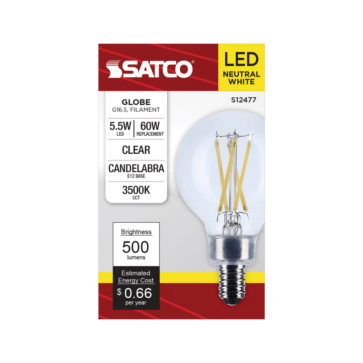 5.5 Watt G16.5 LED - Candelabra Base - Clear - 3500K CCT - 120 Volt