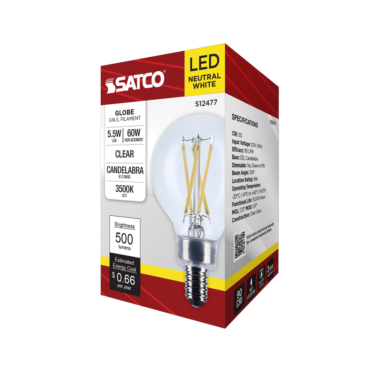 5.5 Watt G16.5 LED - Candelabra Base - Clear - 3500K CCT - 120 Volt