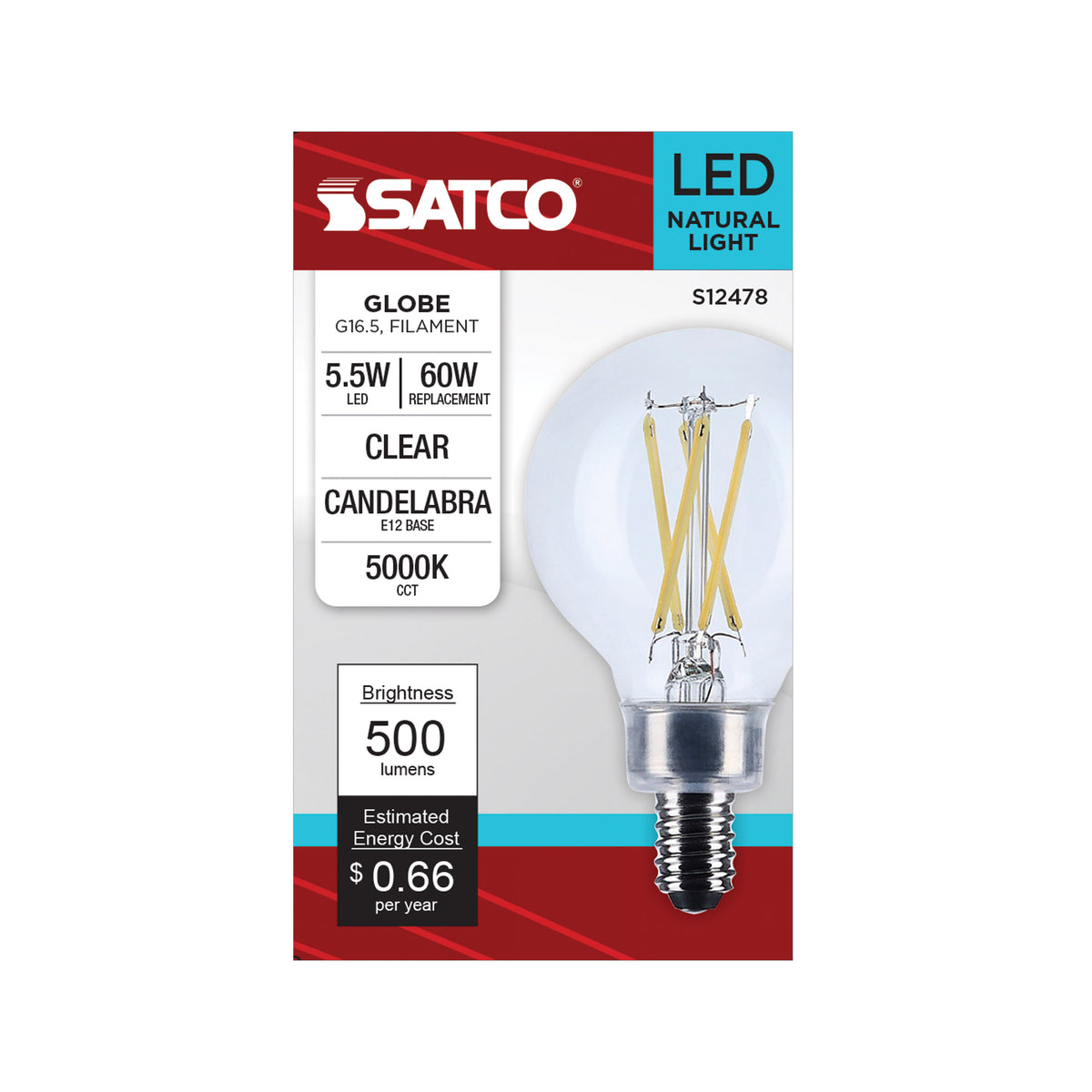 5.5 Watt G16.5 LED - Candelabra Base - Clear - 5000K CCT - 120 Volt
