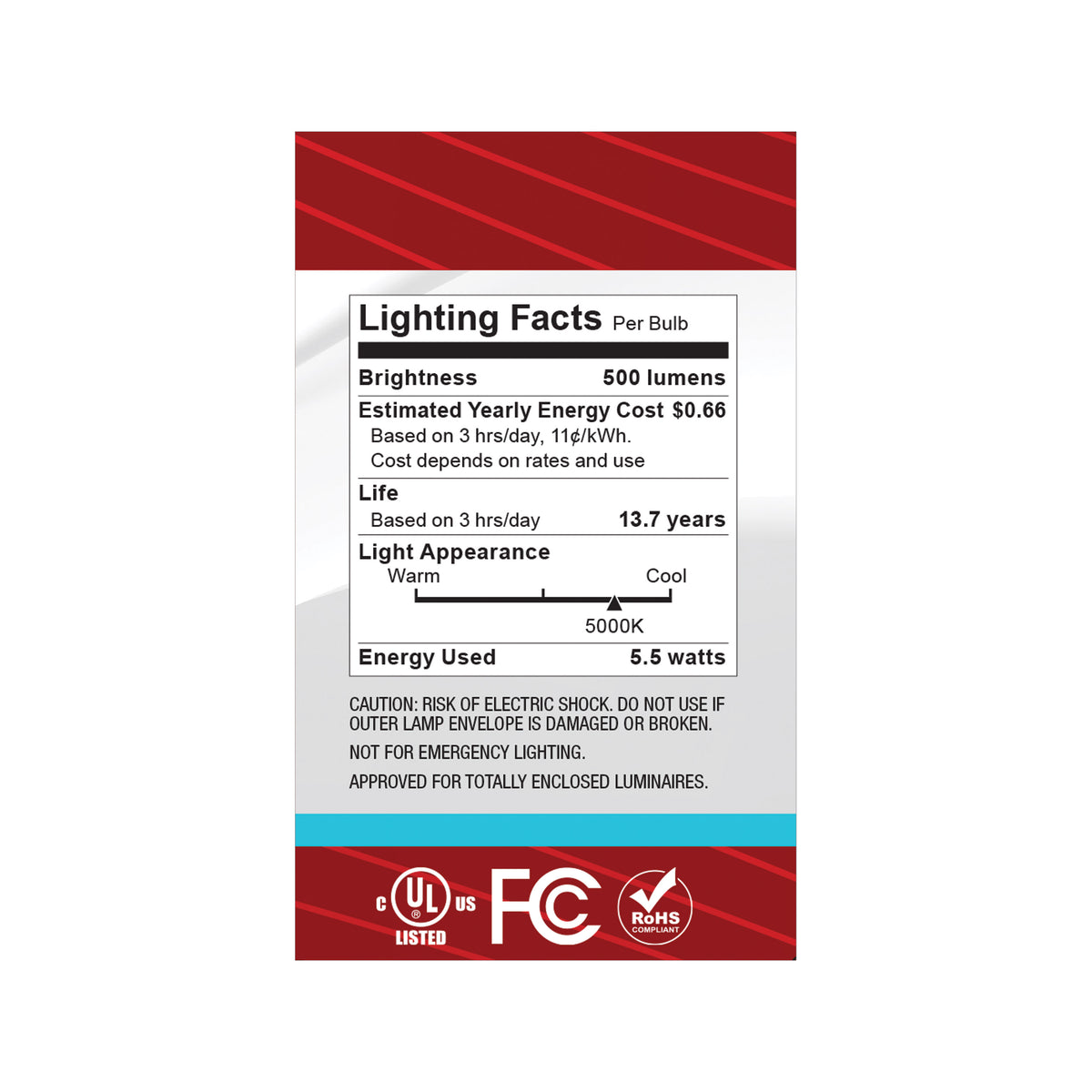 5.5 Watt G16.5 LED - Candelabra Base - Clear - 5000K CCT - 120 Volt