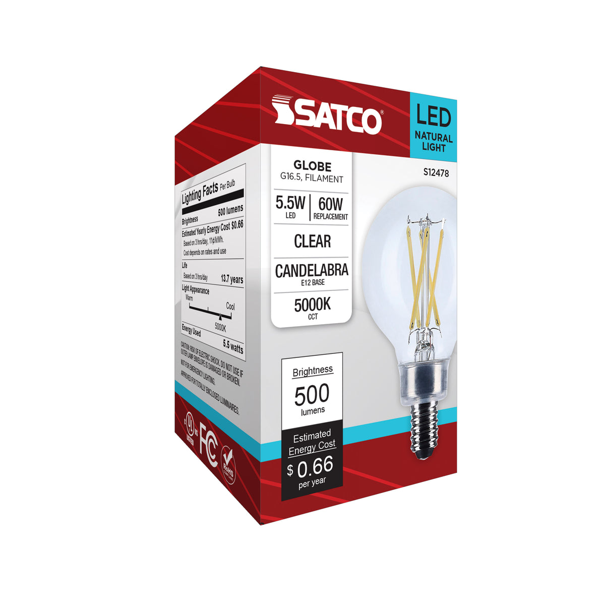5.5 Watt G16.5 LED - Candelabra Base - Clear - 5000K CCT - 120 Volt