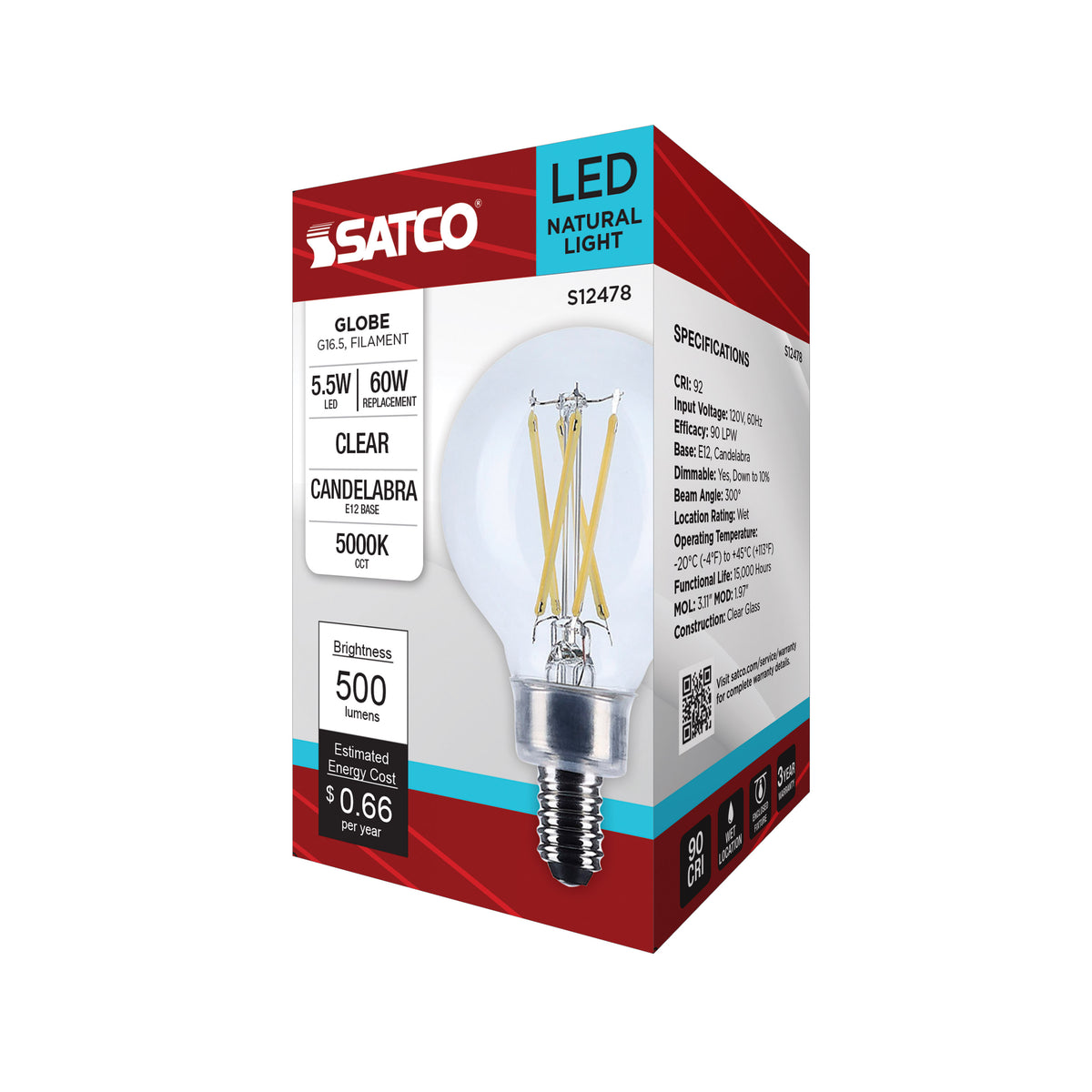5.5 Watt G16.5 LED - Candelabra Base - Clear - 5000K CCT - 120 Volt