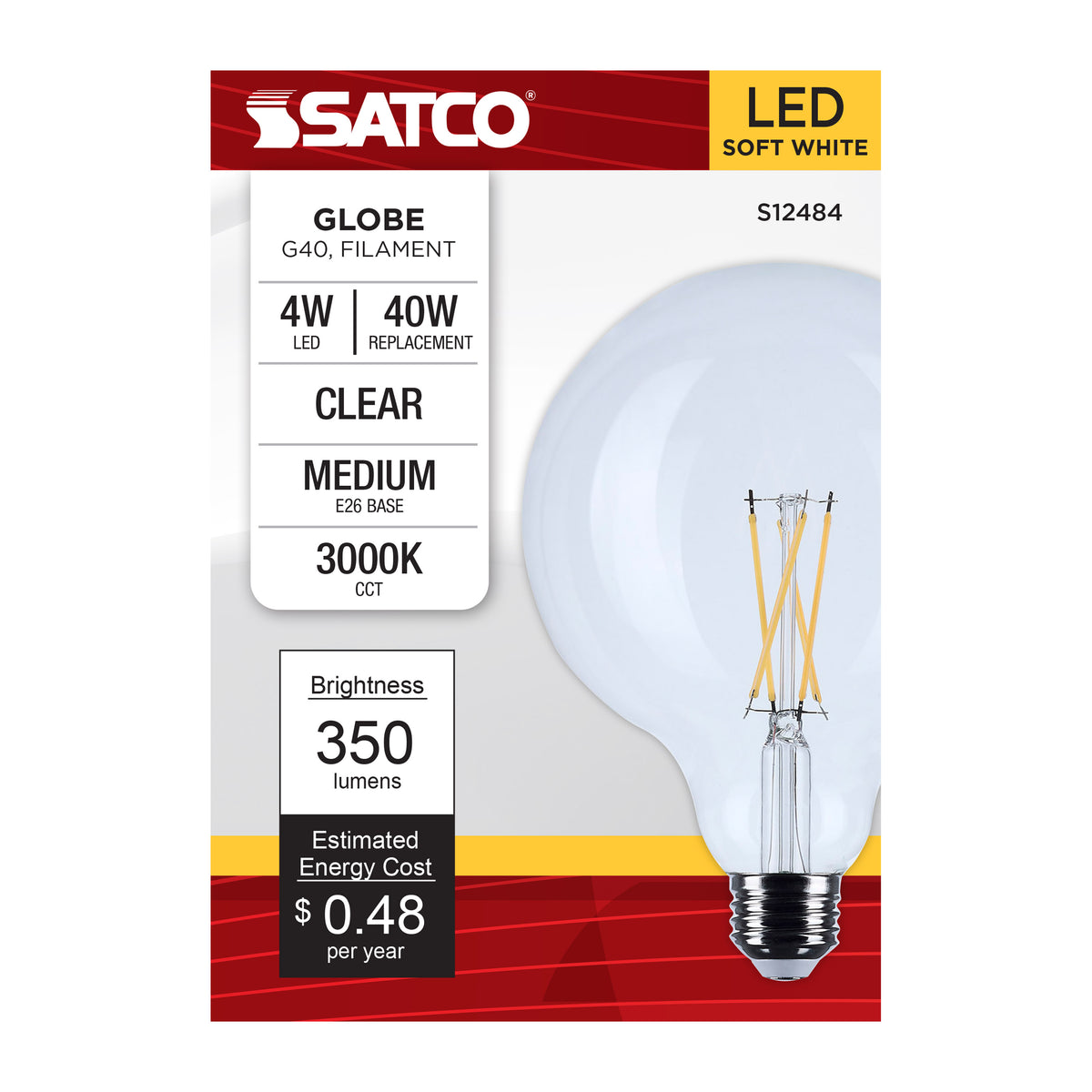 4 Watt G40 LED - Medium Base - Clear - 3000K CCT - 120 Volt