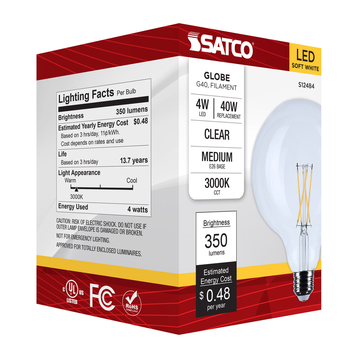 4 Watt G40 LED - Medium Base - Clear - 3000K CCT - 120 Volt