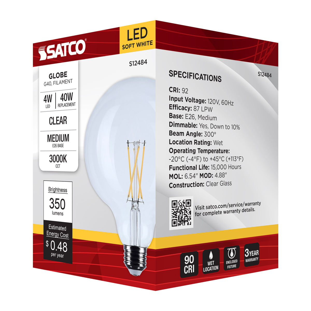 4 Watt G40 LED - Medium Base - Clear - 3000K CCT - 120 Volt