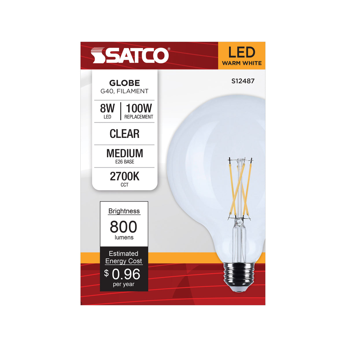 8 Watt G40 LED - Medium Base - Clear - 2700K CCT - 120 Volt