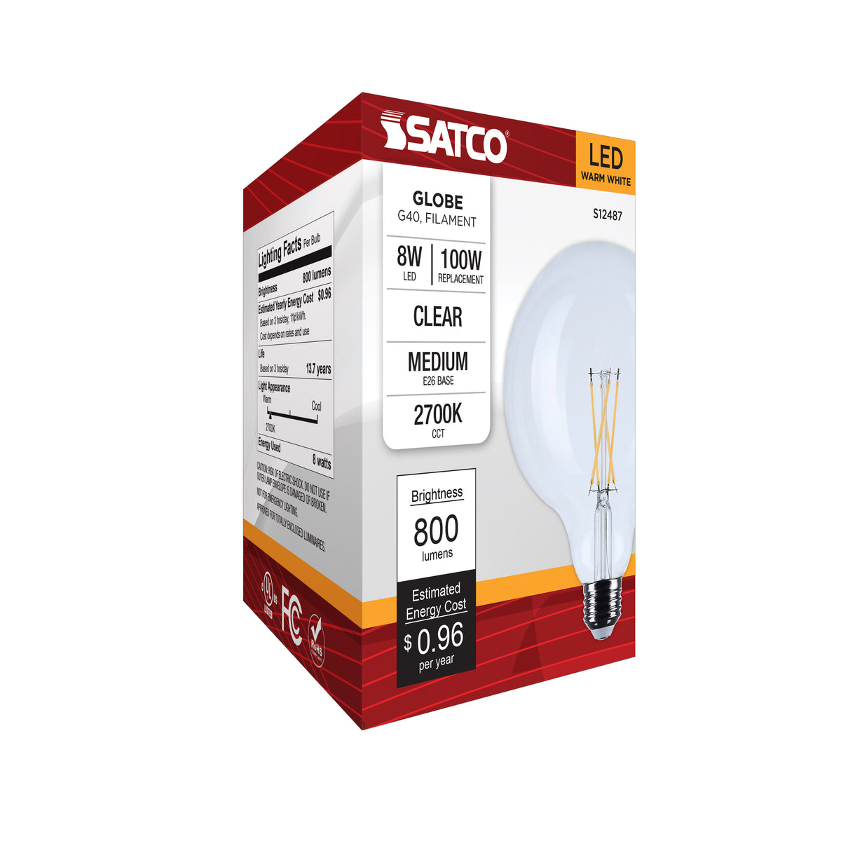 8 Watt G40 LED - Medium Base - Clear - 2700K CCT - 120 Volt