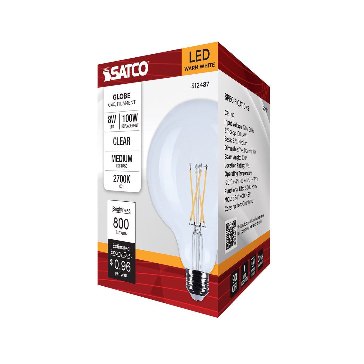 8 Watt G40 LED - Medium Base - Clear - 2700K CCT - 120 Volt