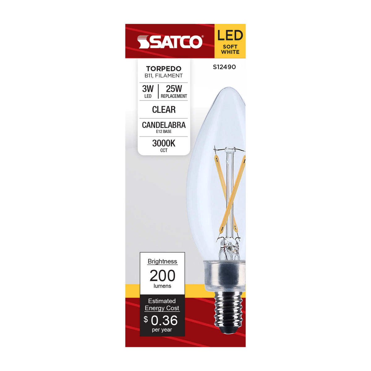 3 Watt B11 LED - Candelabra Base - Clear - 3000K CCT - 120 Volt