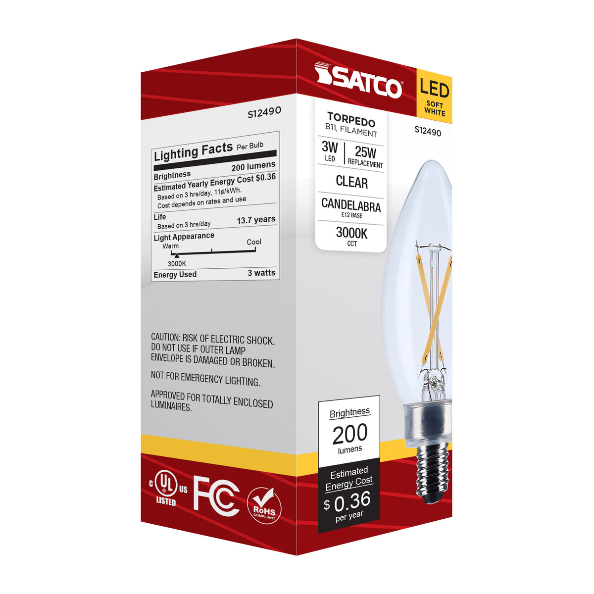 3 Watt B11 LED - Candelabra Base - Clear - 3000K CCT - 120 Volt
