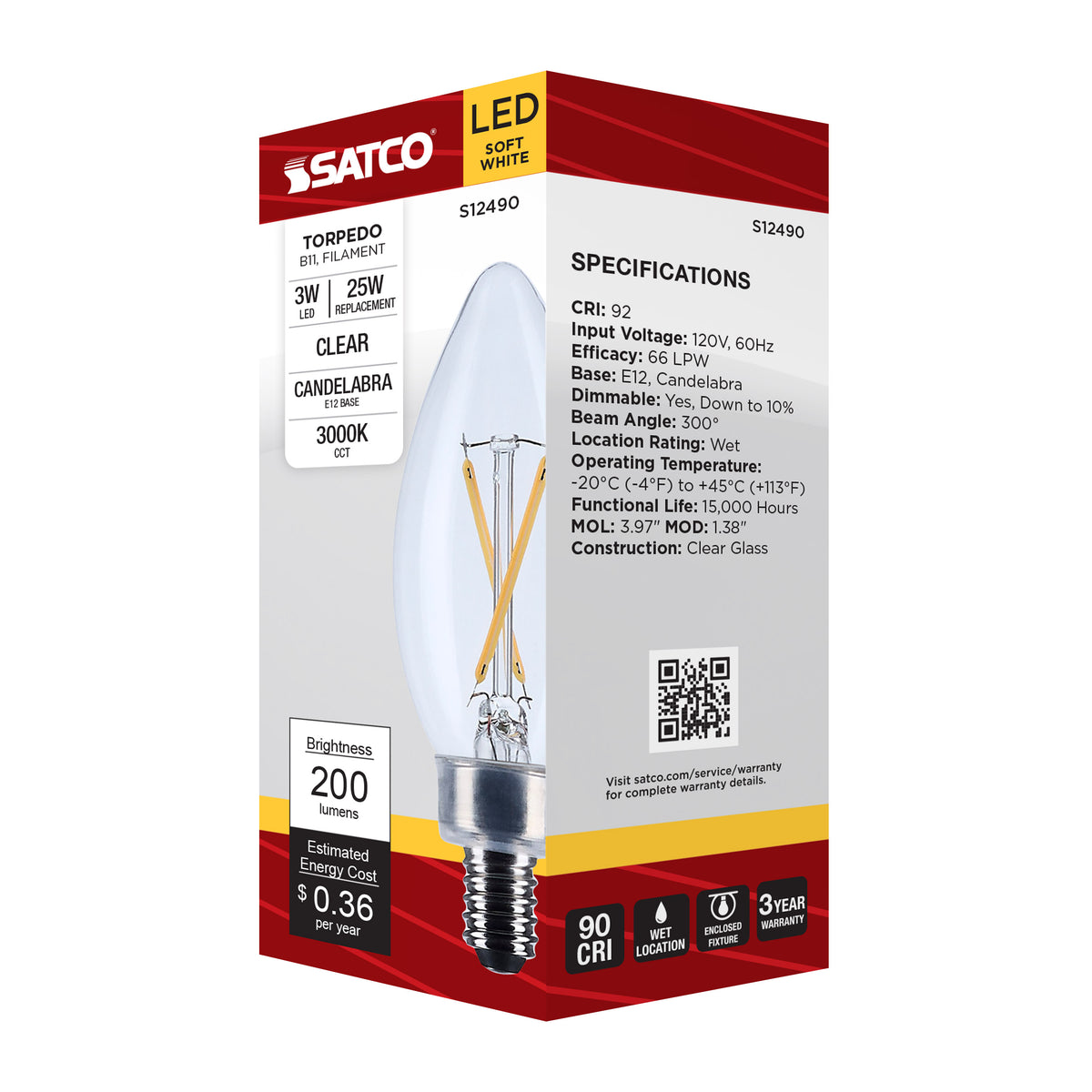 3 Watt B11 LED - Candelabra Base - Clear - 3000K CCT - 120 Volt