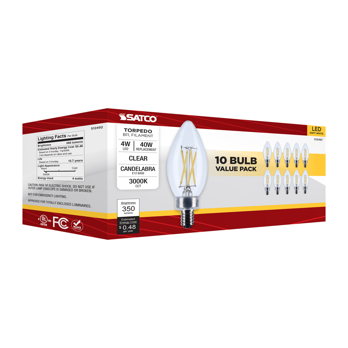 4 Watt B11 LED - Candelabra Base - Clear - 3000K CCT - 120 Volt - 10-pk
