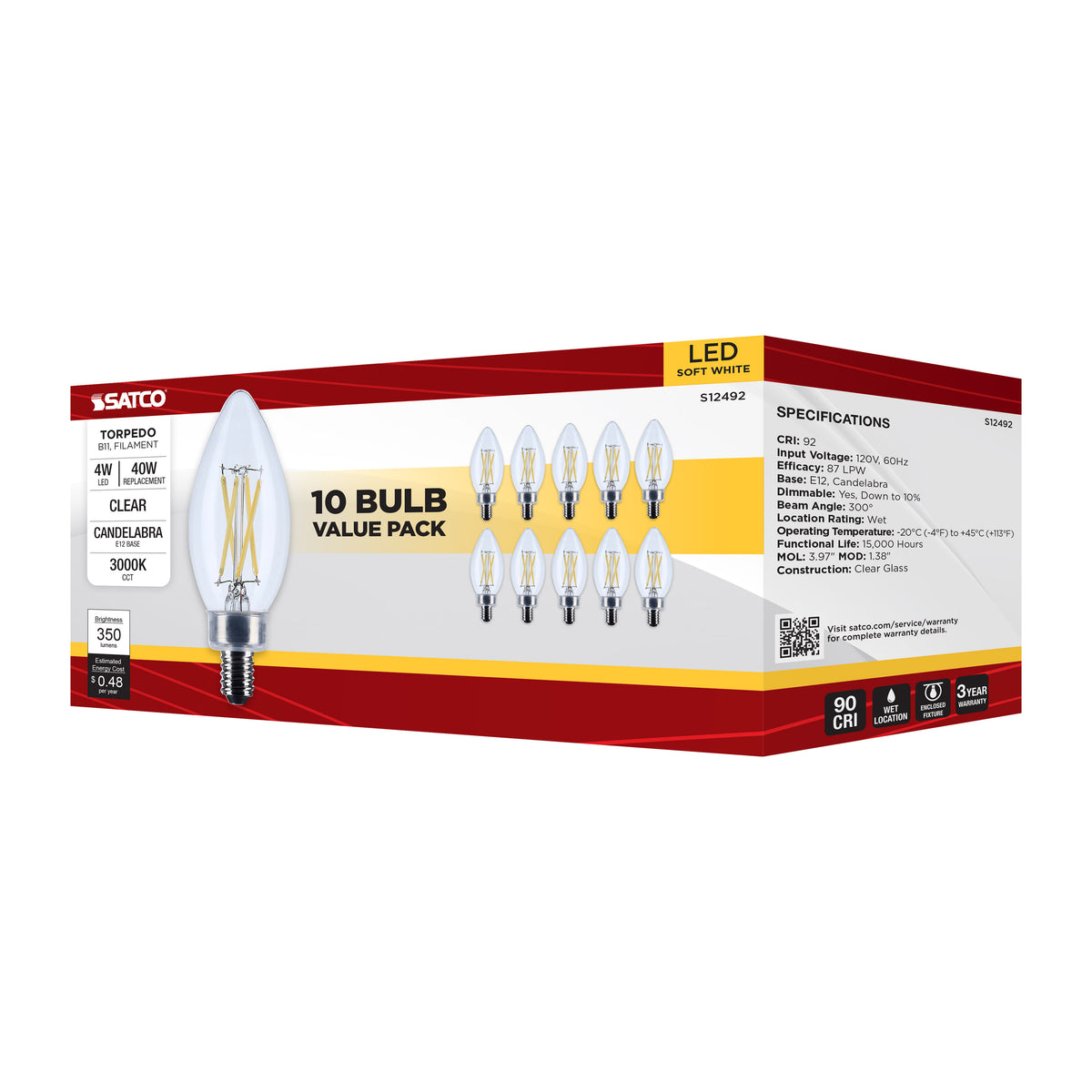 4 Watt B11 LED - Candelabra Base - Clear - 3000K CCT - 120 Volt - 10-pk