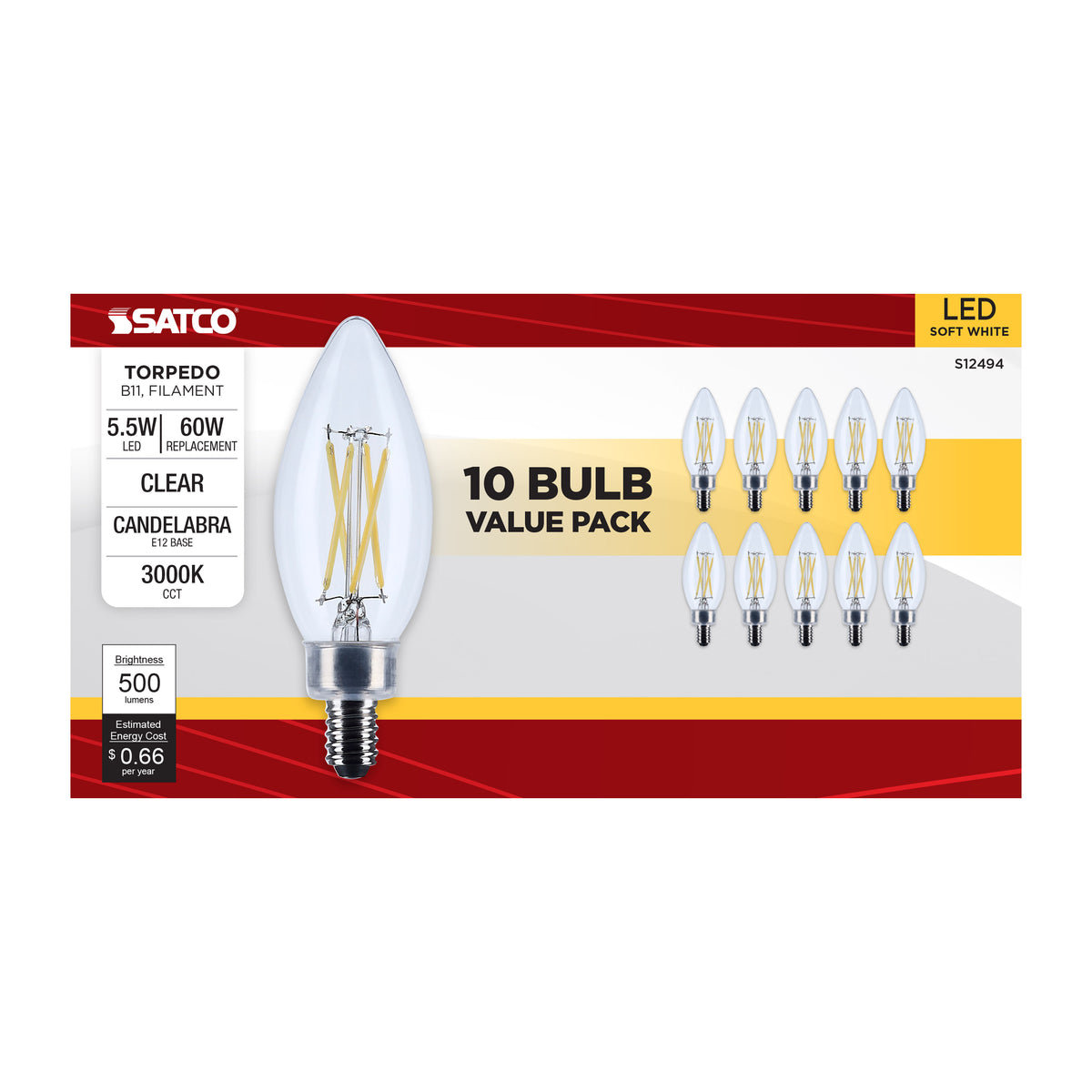5.5 Watt B11 LED - Candelabra Base - Clear - 3000K CCT - 120 Volt - 10-pk