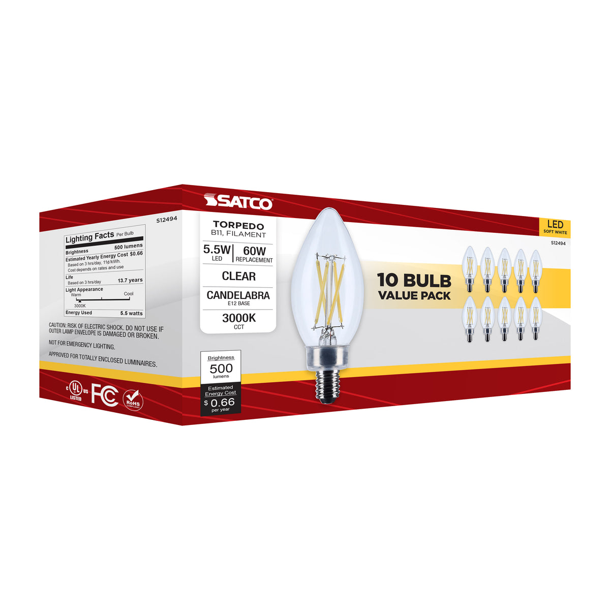 5.5 Watt B11 LED - Candelabra Base - Clear - 3000K CCT - 120 Volt - 10-pk