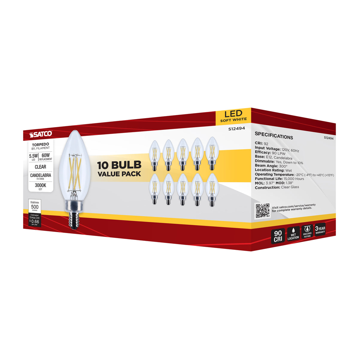 5.5 Watt B11 LED - Candelabra Base - Clear - 3000K CCT - 120 Volt - 10-pk