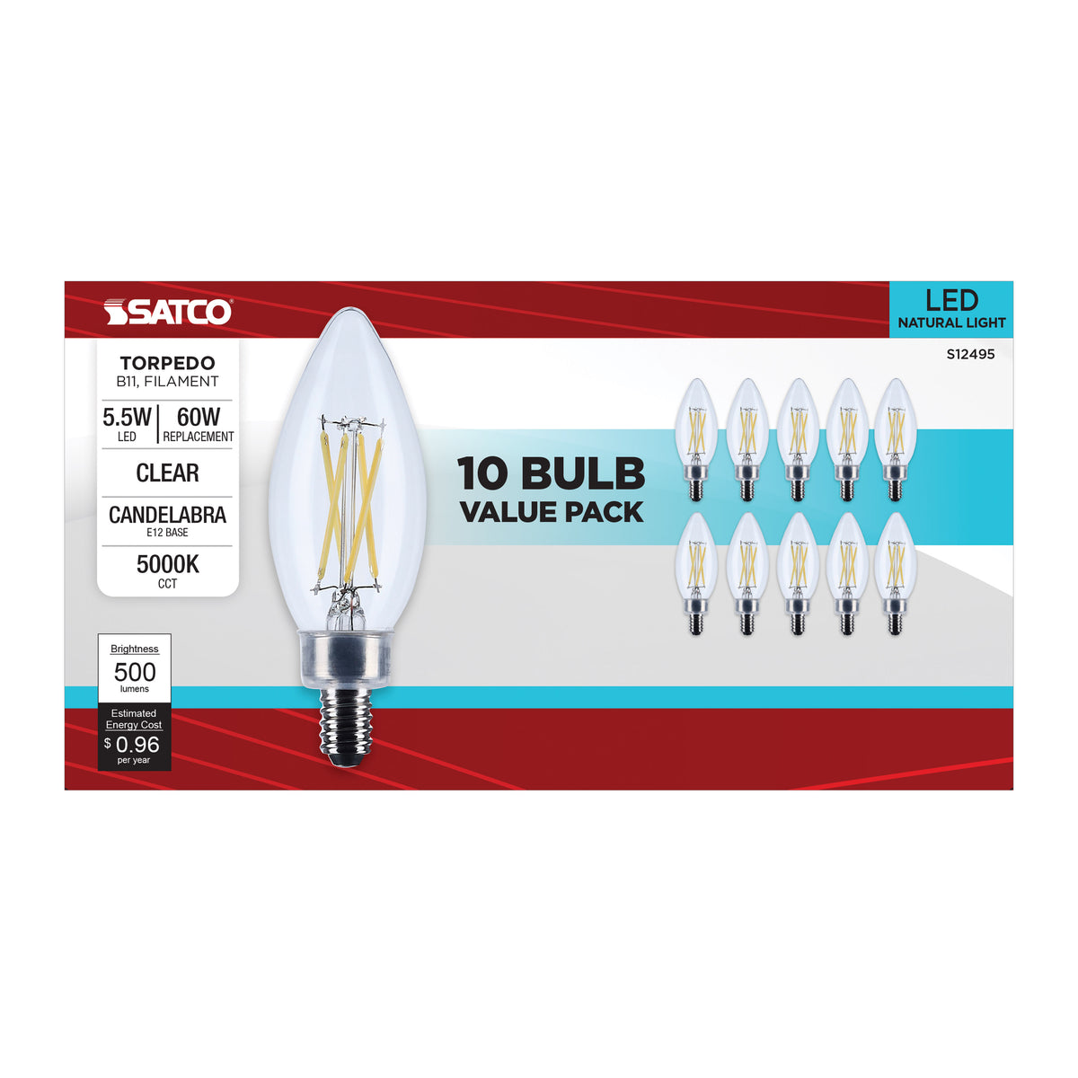 5.5 Watt B11 LED - Candelabra Base - Clear - 5000K CCT - 120 Volt - 10-pk