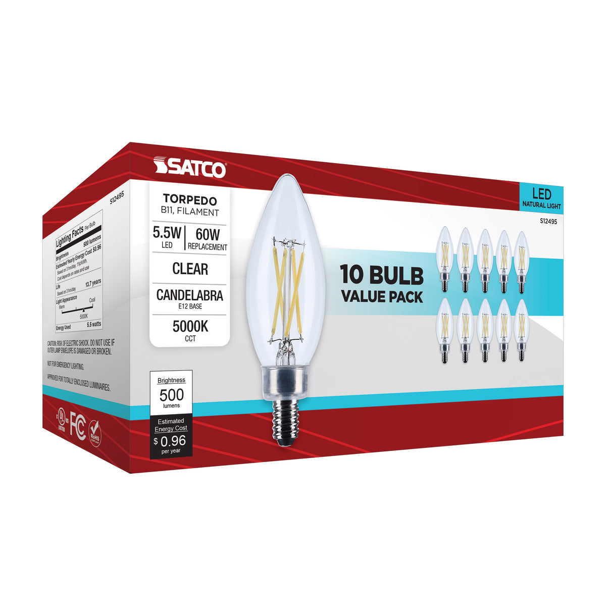 5.5 Watt B11 LED - Candelabra Base - Clear - 5000K CCT - 120 Volt - 10-pk