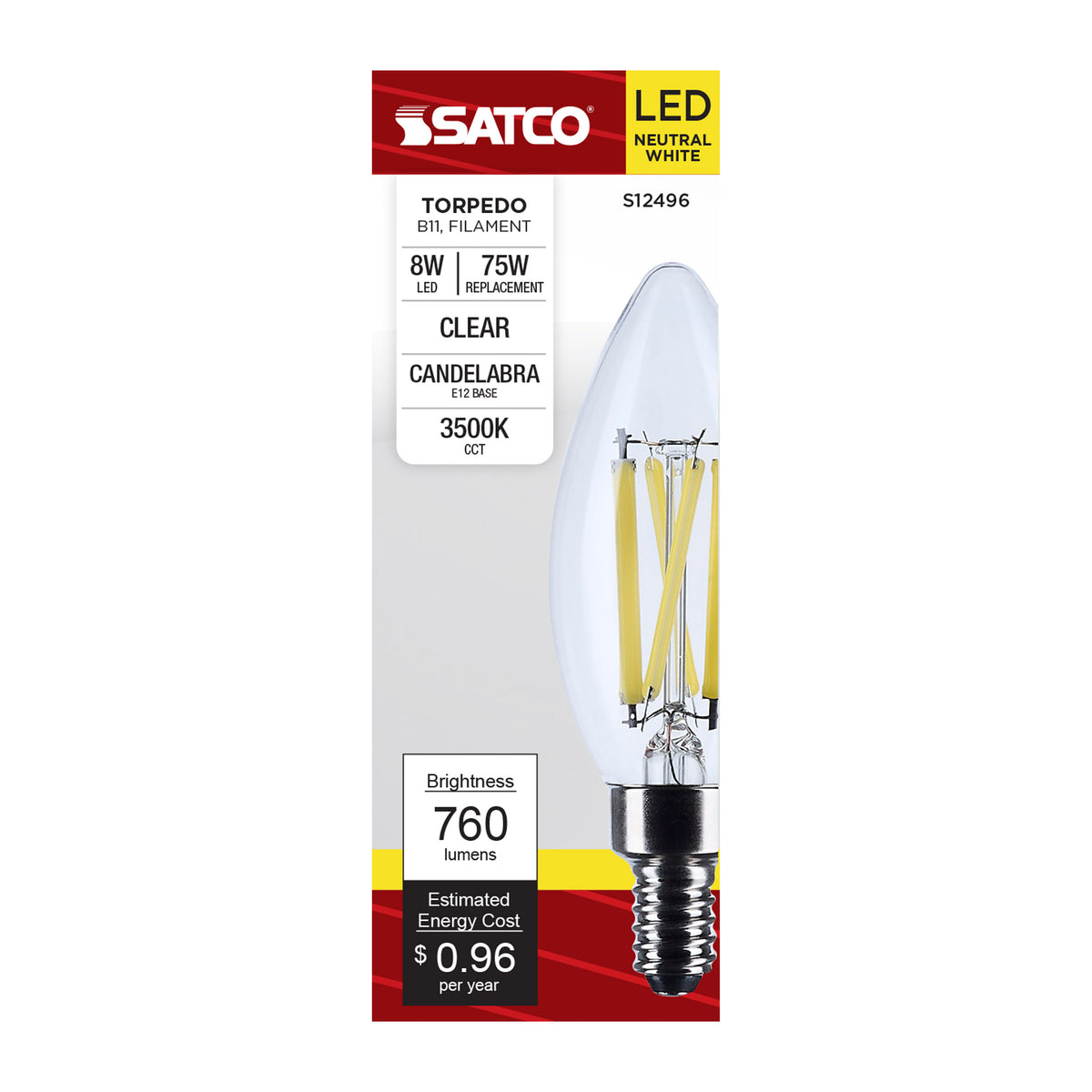 8 Watt B11 LED - Candelabra Base - Candle-Tip - Clear - 3500K CCT - 120 Volt