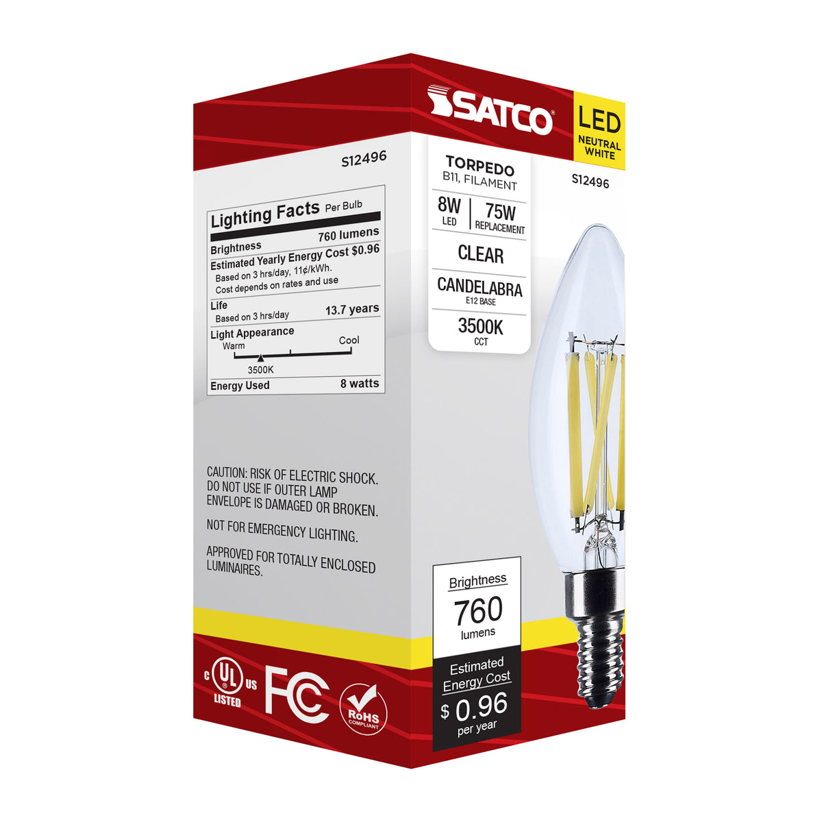 8 Watt B11 LED - Candelabra Base - Candle-Tip - Clear - 3500K CCT - 120 Volt