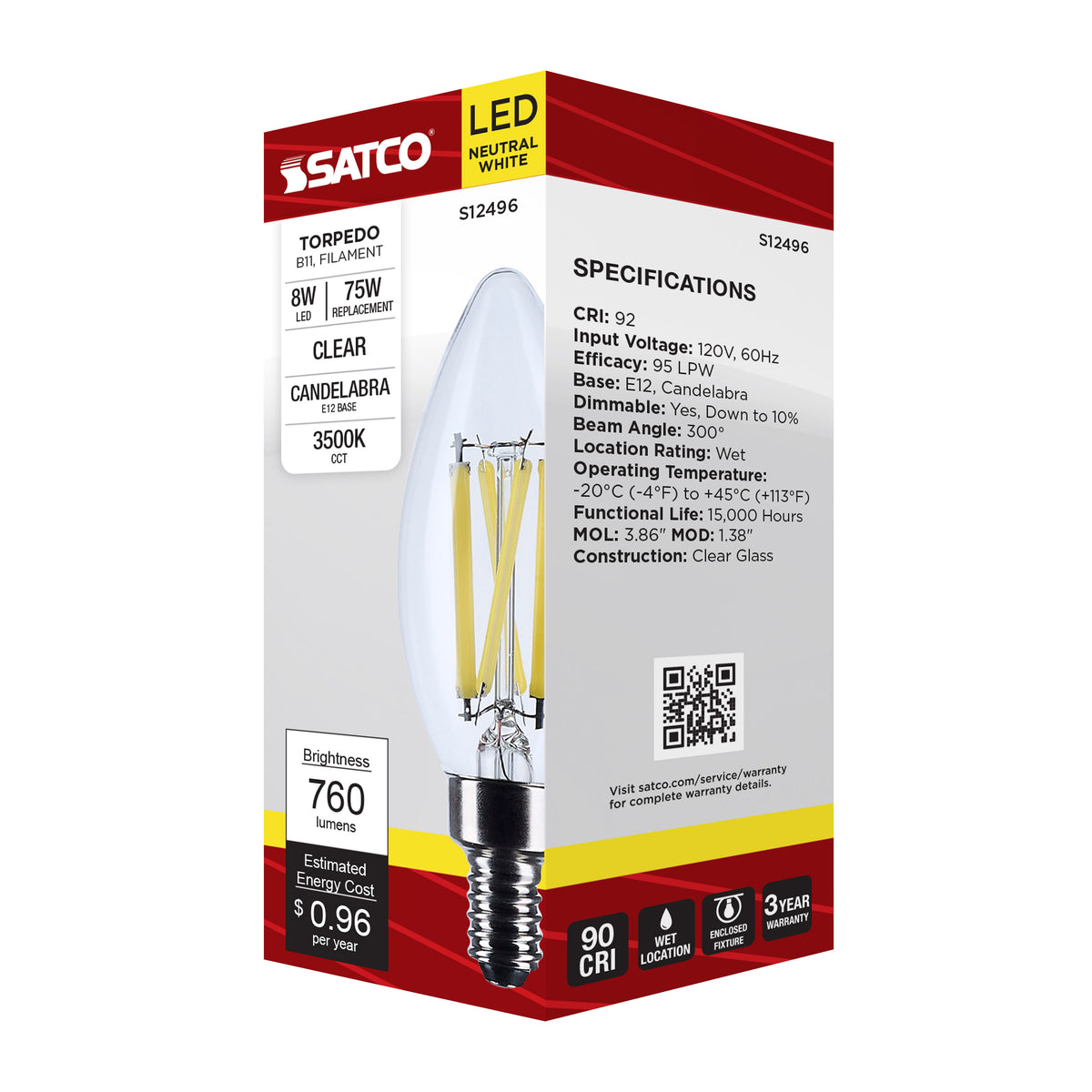 8 Watt B11 LED - Candelabra Base - Candle-Tip - Clear - 3500K CCT - 120 Volt
