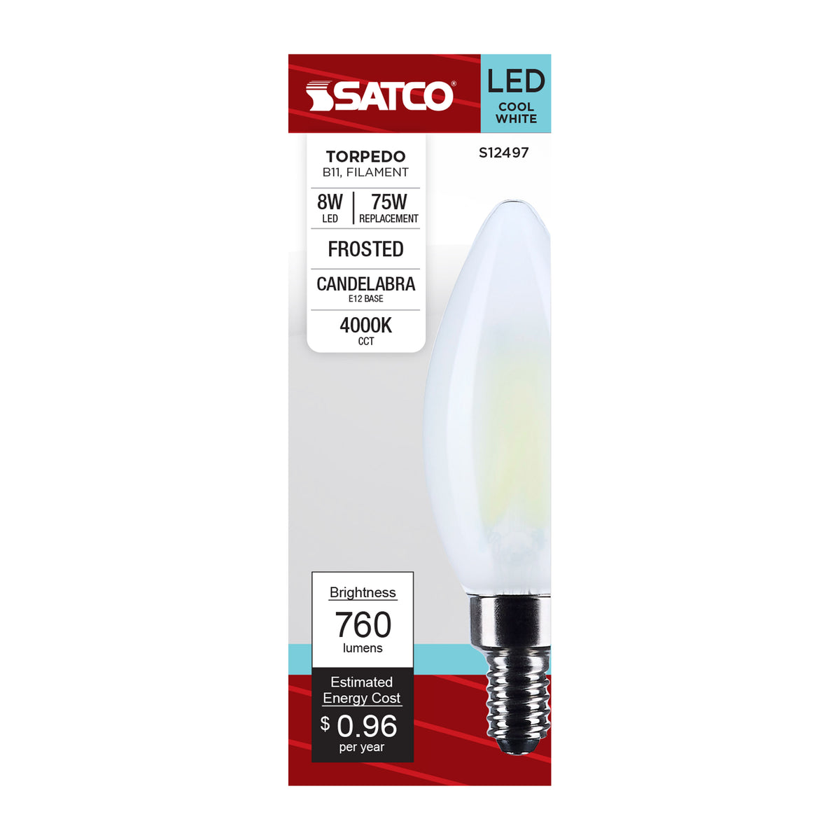 8 Watt B11 LED - Candelabra Base - Candle-Tip - Frost Finish - 4000K CCT - 120 Volt