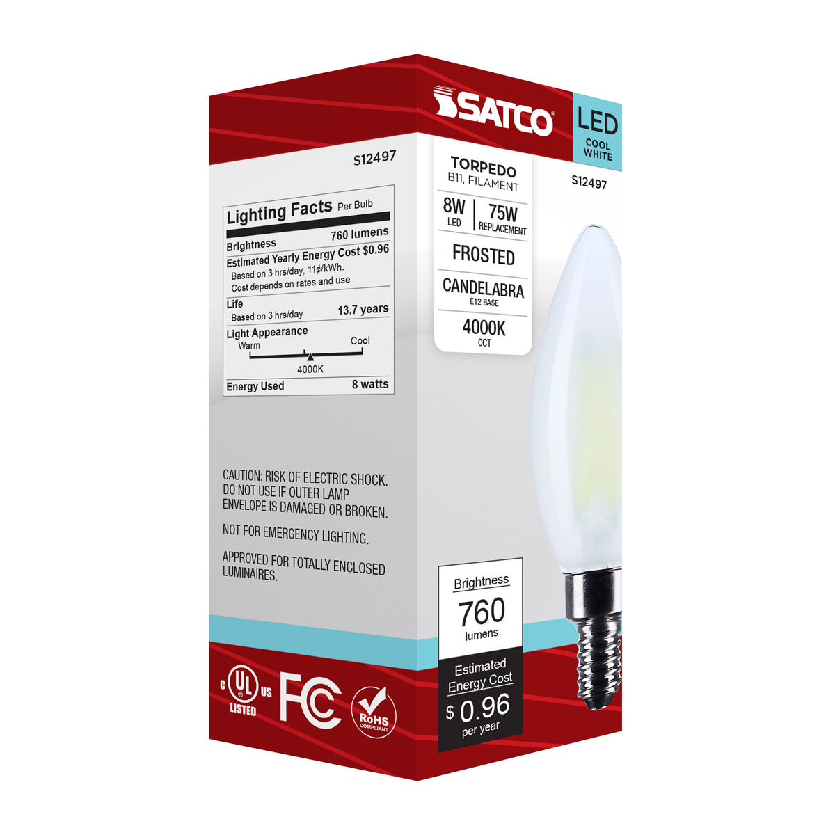 8 Watt B11 LED - Candelabra Base - Candle-Tip - Frost Finish - 4000K CCT - 120 Volt