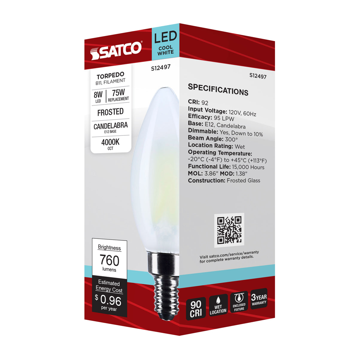 8 Watt B11 LED - Candelabra Base - Candle-Tip - Frost Finish - 4000K CCT - 120 Volt