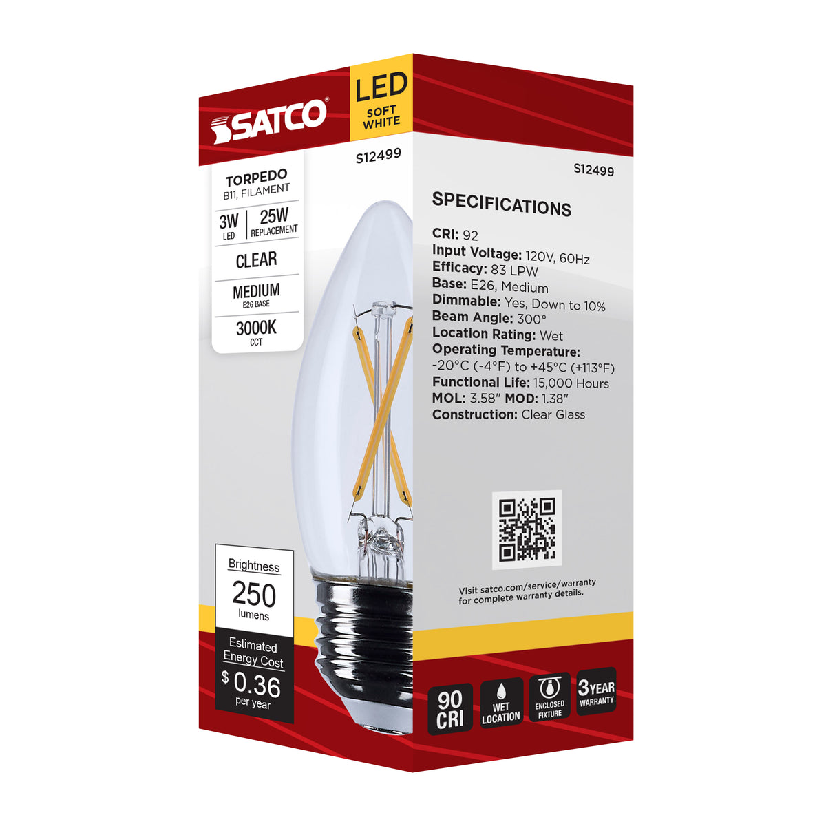 3 Watt B11 LED - Medium Base - Clear - 3000K CCT - 120 Volt