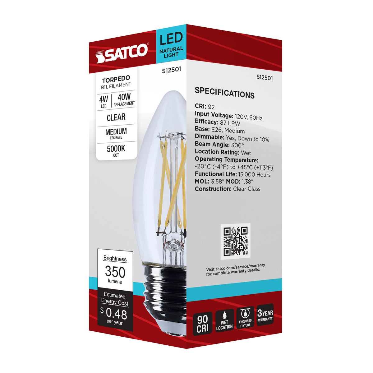 4 Watt B11 LED - Medium Base - Clear - 5000K CCT - 120 Volt