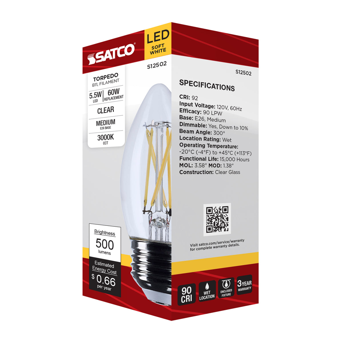 5.5 Watt B11 LED - Medium Base - Clear - 3000K CCT - 120 Volt