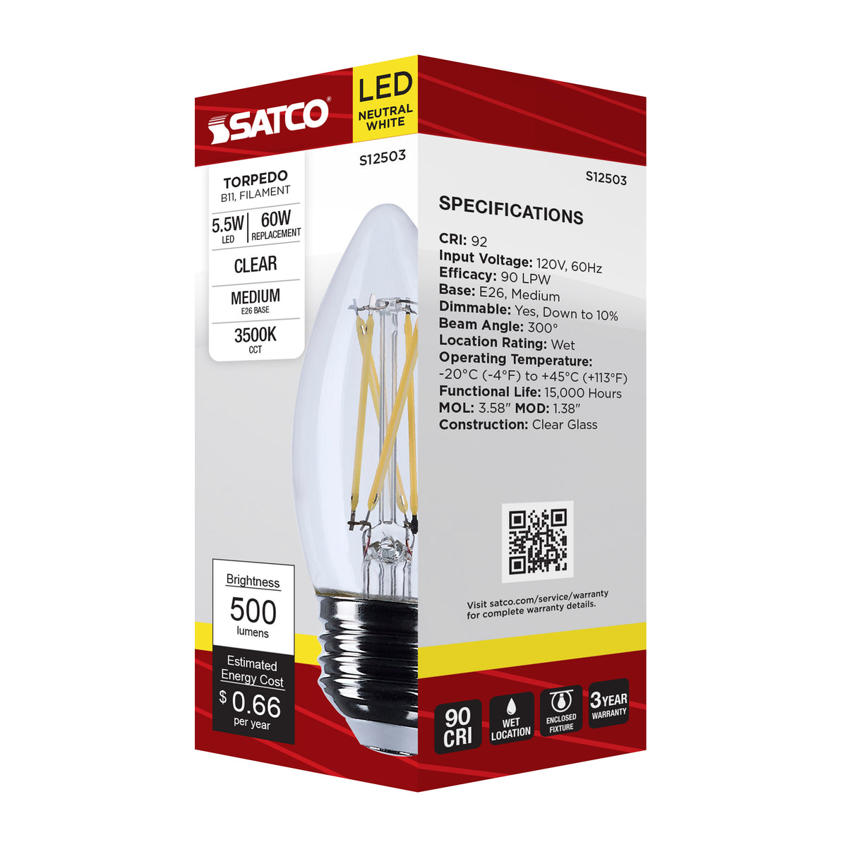 5.5 Watt B11 LED - Medium Base - Clear - 3500K CCT - 120 Volt