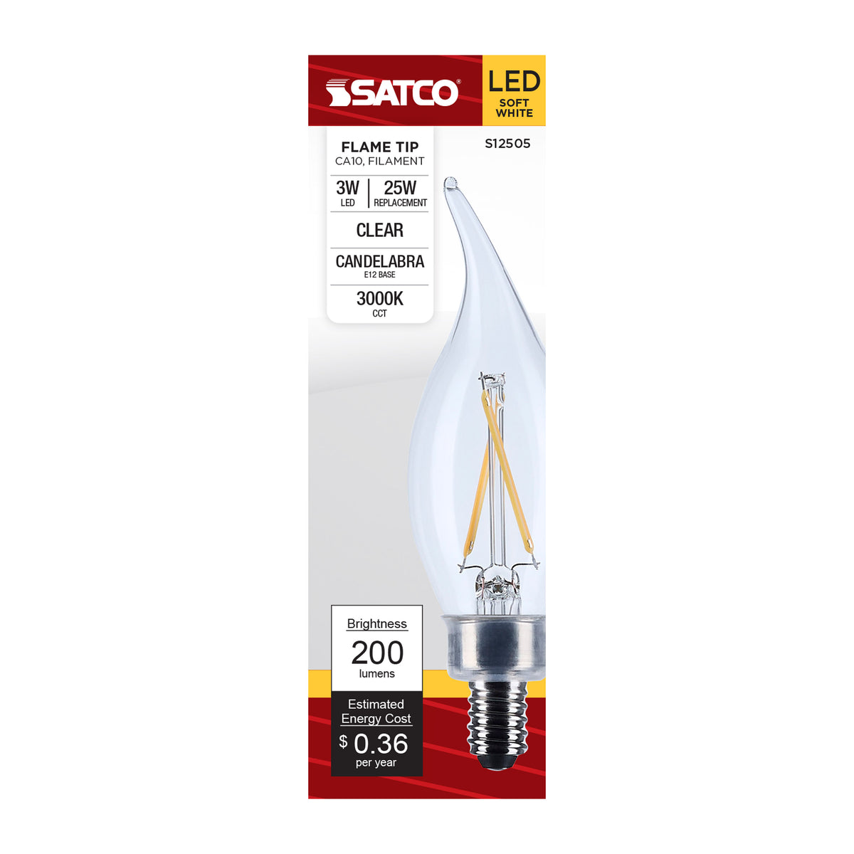 3 Watt CA10 LED - Candelabra Base - Clear - 3000K CCT - 120 Volt