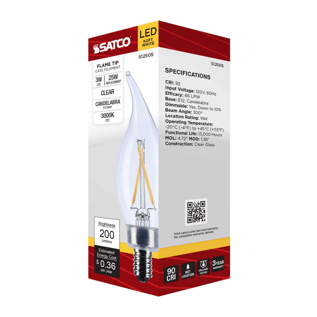 3 Watt CA10 LED - Candelabra Base - Clear - 3000K CCT - 120 Volt