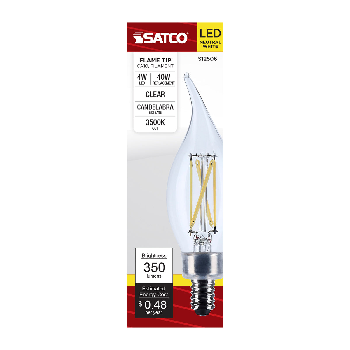 4 Watt CA10 LED - Candelabra Base - Clear - 3500K CCT - 120 Volt