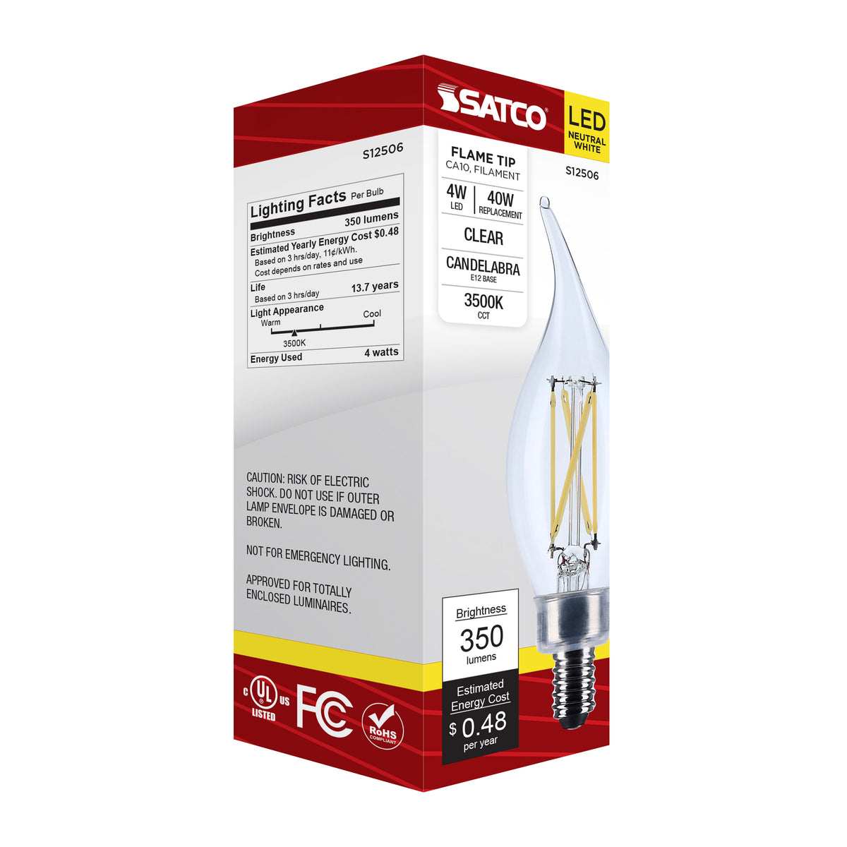4 Watt CA10 LED - Candelabra Base - Clear - 3500K CCT - 120 Volt