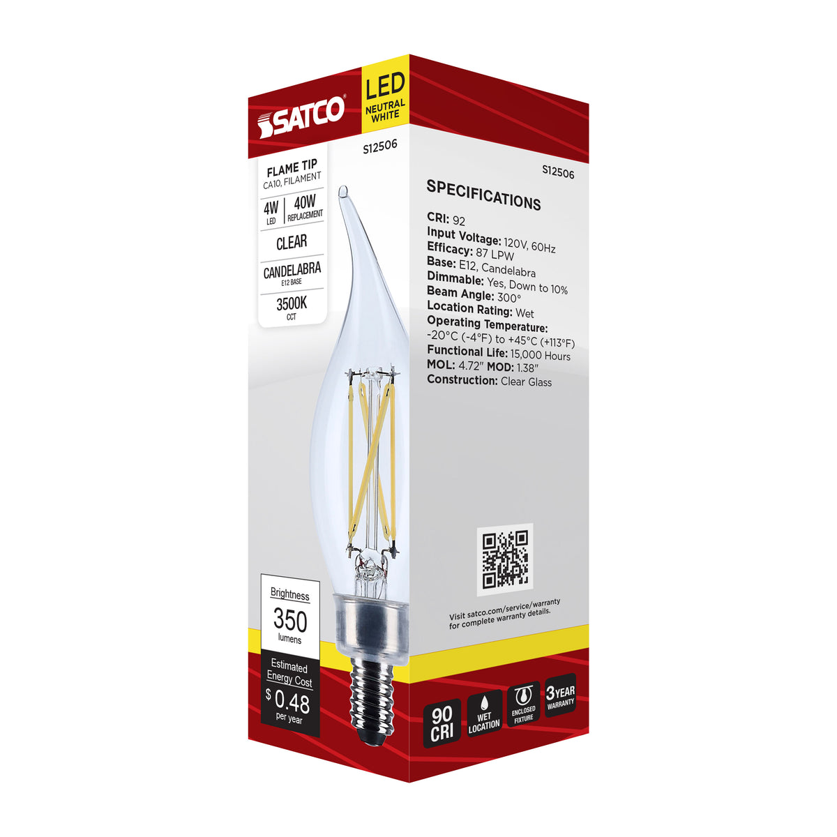 4 Watt CA10 LED - Candelabra Base - Clear - 3500K CCT - 120 Volt