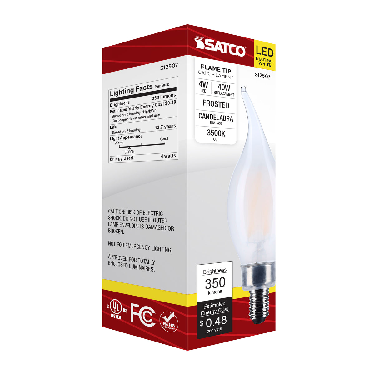 4 Watt CA10 LED - Candelabra Base - Frost Finish - 3500K CCT - 120 Volt