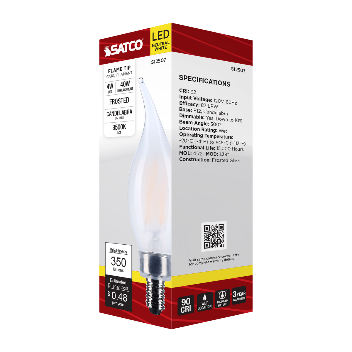 4 Watt CA10 LED - Candelabra Base - Frost Finish - 3500K CCT - 120 Volt