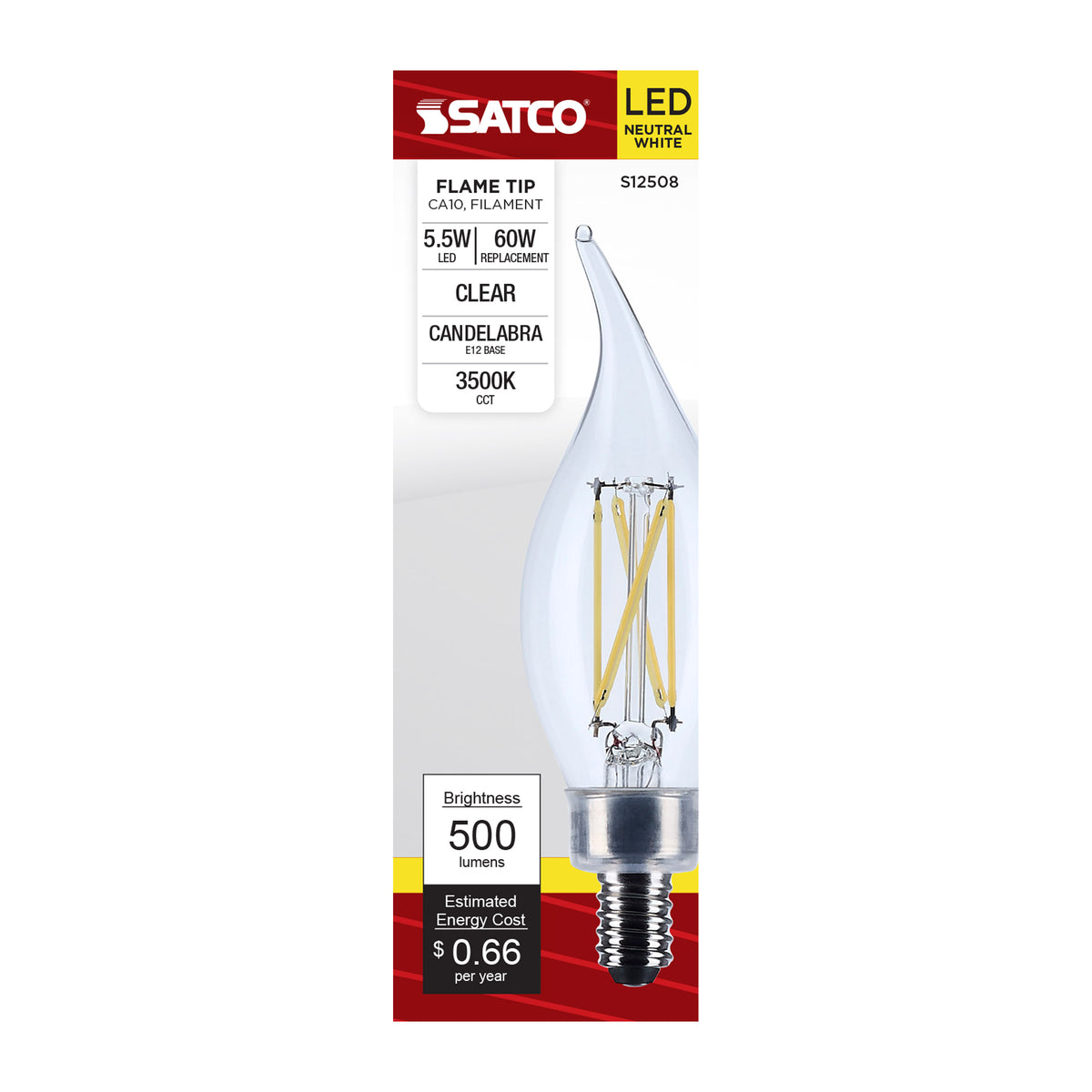5.5 Watt CA10 LED - Candelabra Base - Clear - 3500K CCT - 120 Volt
