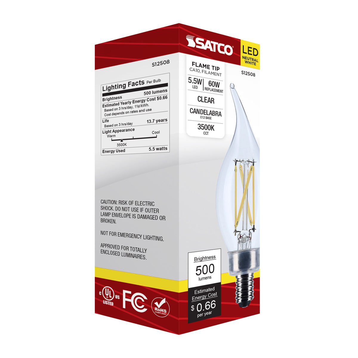 5.5 Watt CA10 LED - Candelabra Base - Clear - 3500K CCT - 120 Volt