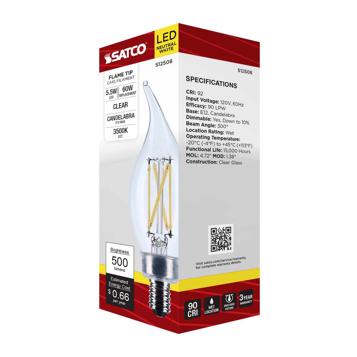 5.5 Watt CA10 LED - Candelabra Base - Clear - 3500K CCT - 120 Volt